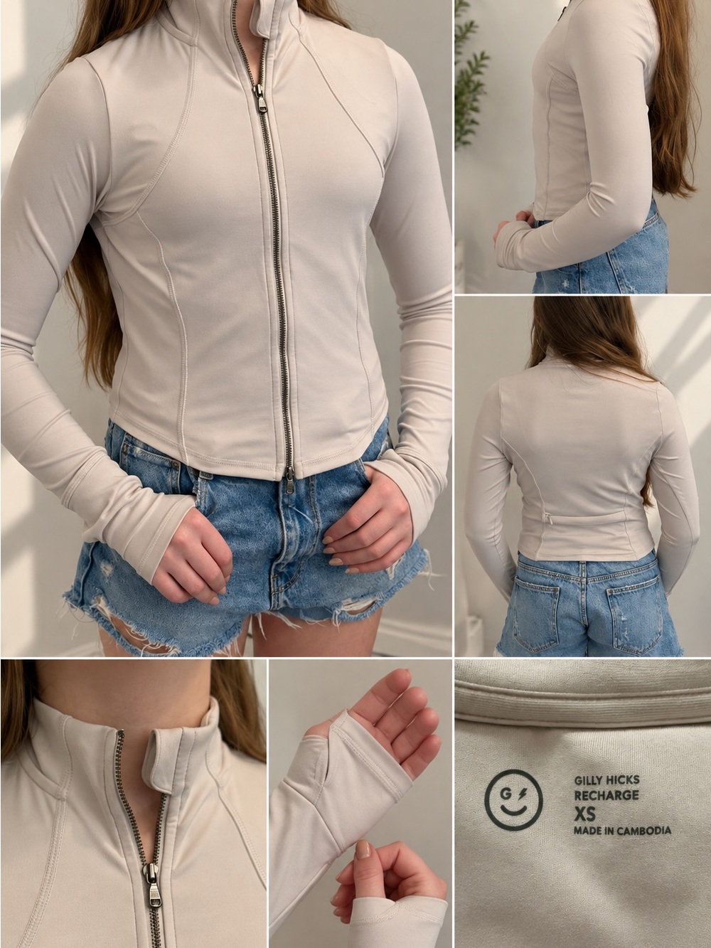 Y2K Gilly Hicks Recharge XS Cream Fitted Zip Up Athleisure Jacket Thumbholes